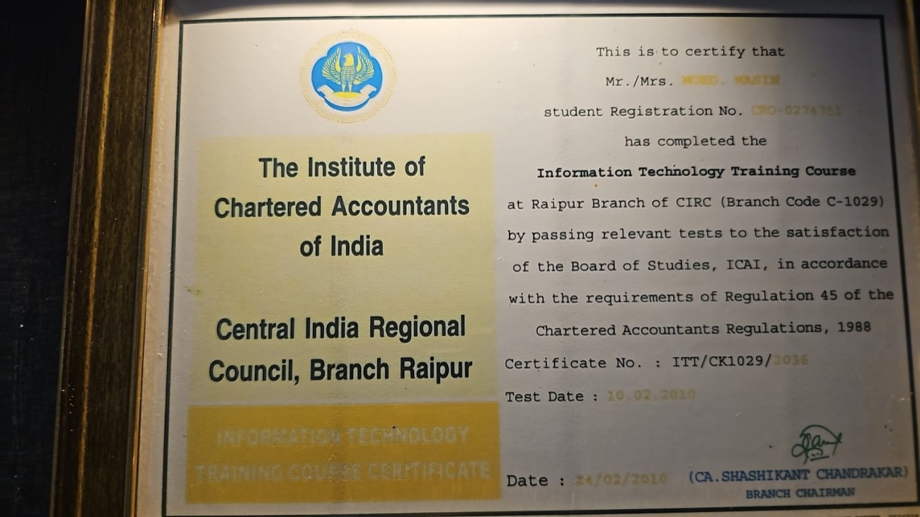 ICAI Information Technology Training Course certificate, Central India Regional Council, Raipur branch
